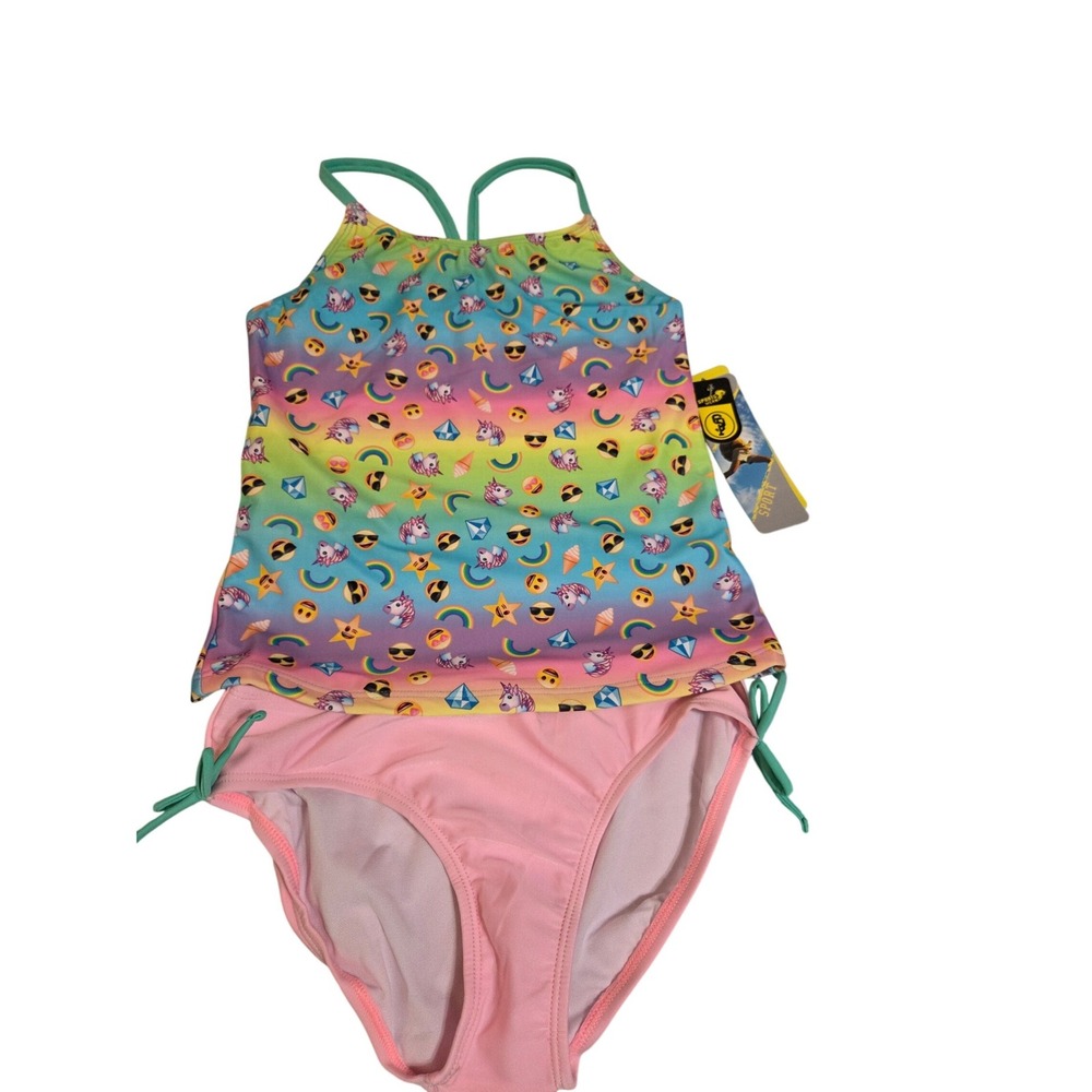 Sport Girls Rainbow Unicorn Emoji Tankini Swimsuit Set Pink Teal XL‎ NEW